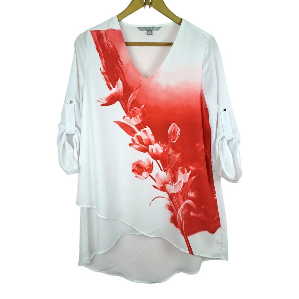 Valerie Stevens Lightweight Floral White Blouse High Low Roll Tab Sleeve Size S